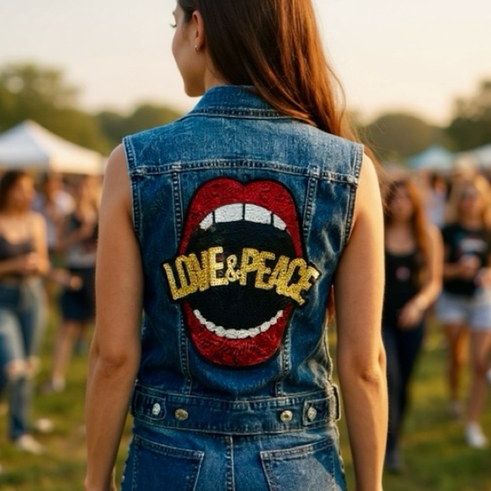 Vintage Denim Vest with Red Lips Sequins on Back - Love & Peace!